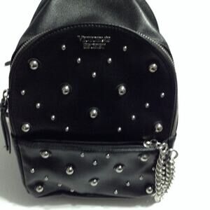 Victorias Secret Mini Backpack Black Studded Pebble PU Faux Leather Silver Chain